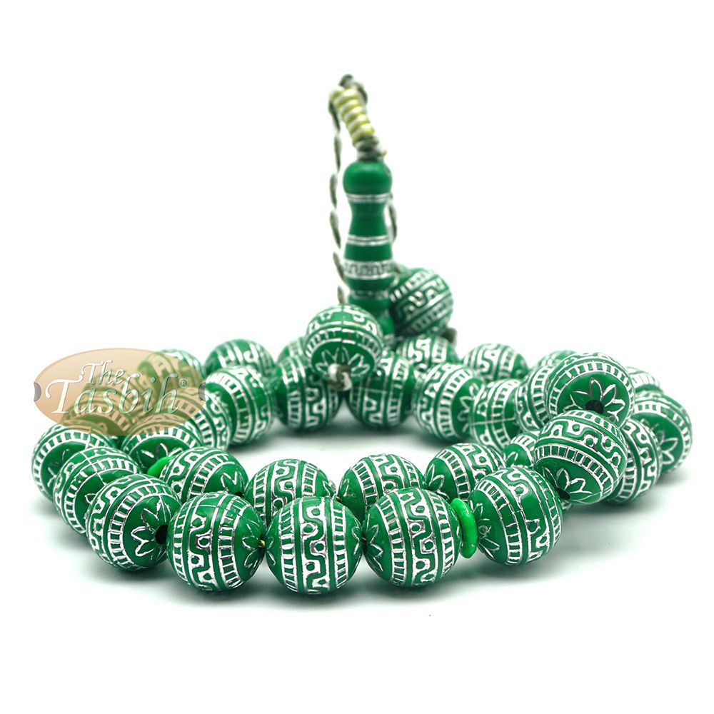 Large Sibha 13 mm Bright Green & Metallic Silver Meandros Plastic Resin 33-Bead Muslim Tasbih Prayer Beads