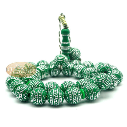 Large Sibha 13 mm Bright Green & Metallic Silver Meandros Plastic Resin 33-Bead Muslim Tasbih Prayer Beads