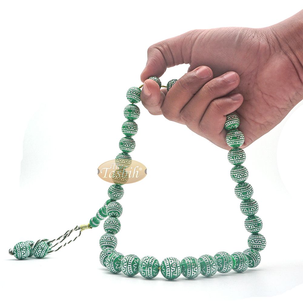 Large Sibha 13 mm Bright Green & Metallic Silver Meandros Plastic Resin 33-Bead Muslim Tasbih Prayer Beads