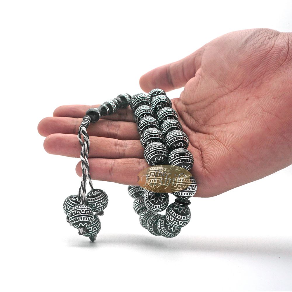 Large Sibha 13 mm Black & Metallic Silver Meandros Design Plastic Resin 33-Bead Muslim Tasbih Prayer Beads