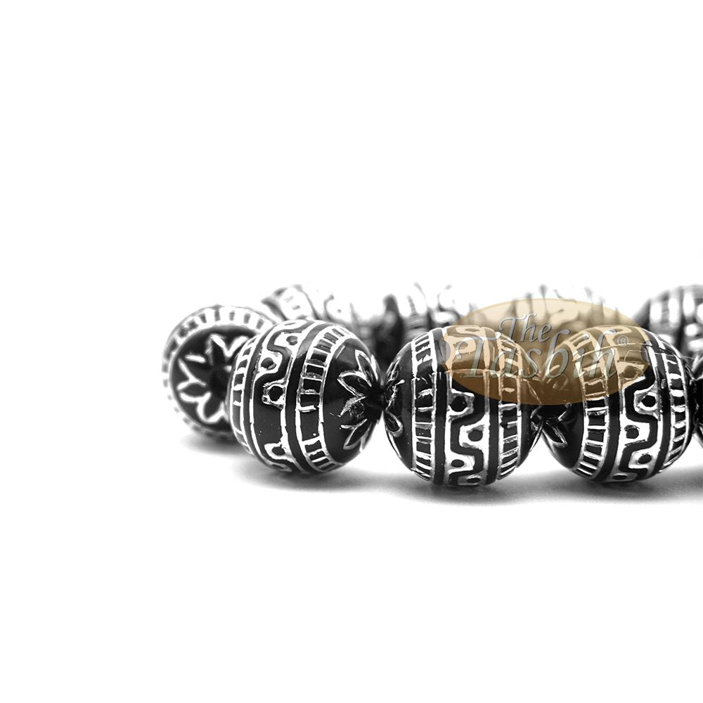 Large Sibha 13 mm Black & Metallic Silver Meandros Design Plastic Resin 33-Bead Muslim Tasbih Prayer Beads
