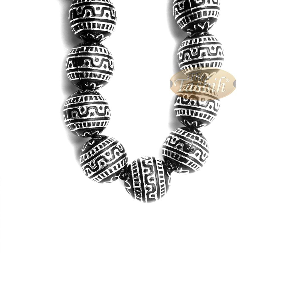 Large Sibha 13 mm Black & Metallic Silver Meandros Design Plastic Resin 33-Bead Muslim Tasbih Prayer Beads