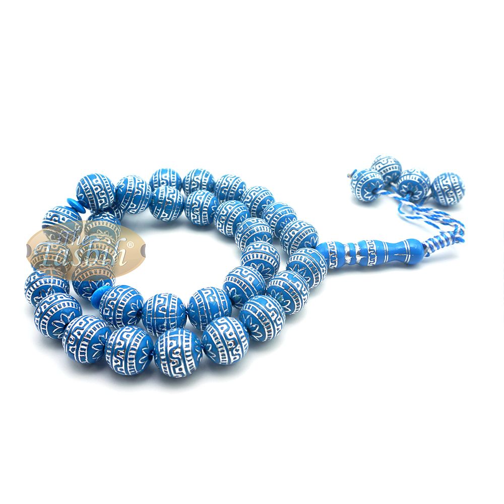 Large Sibha 13 mm Blue & Metallic Silver Meandros Plastic Resin 33-Bead Muslim Tasbih Prayer Beads