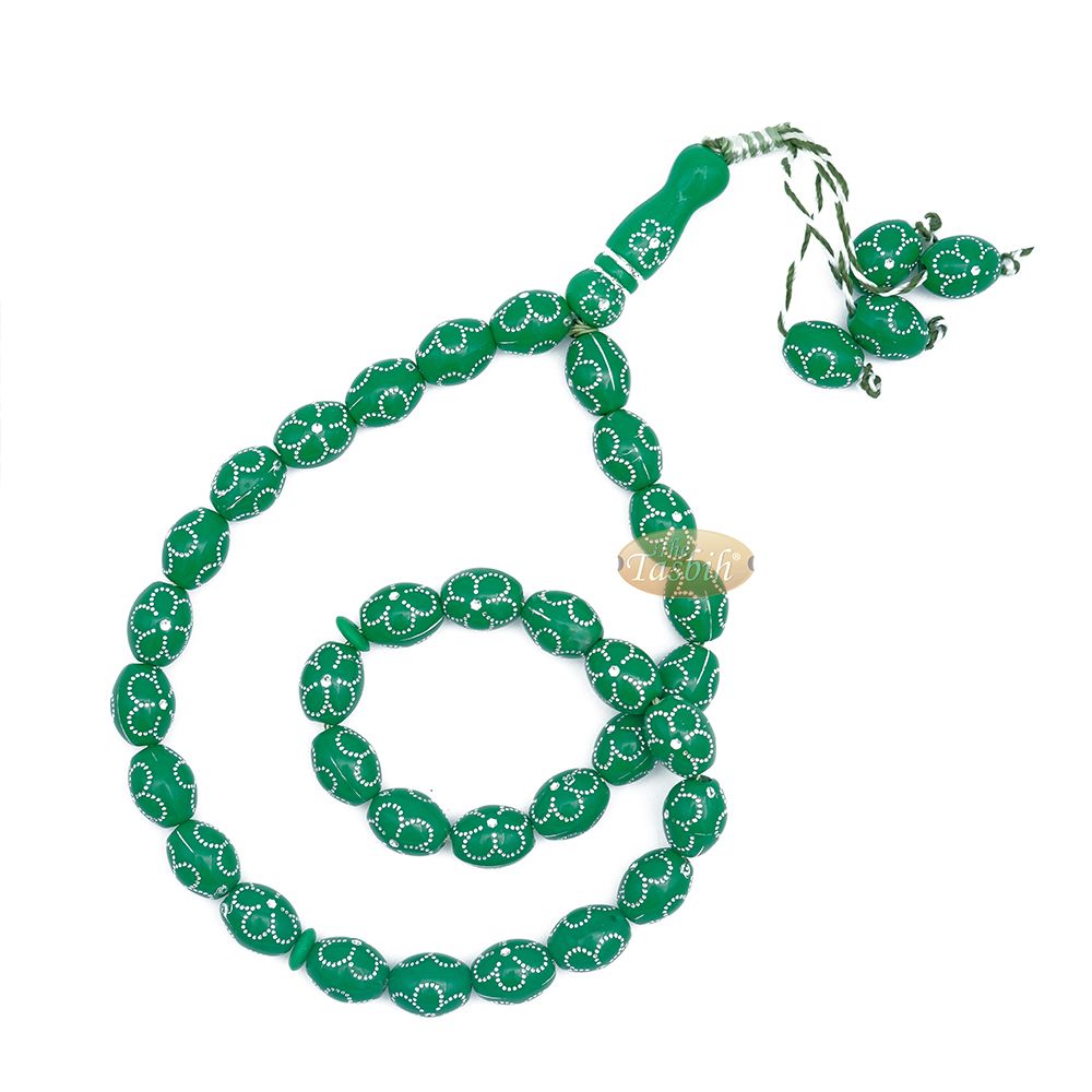 Large Green Tasbih 11×14 mm Plastic Resin Electroplated Silver-Tone Flower Design 33-Ct Prayer Dhikr Beads