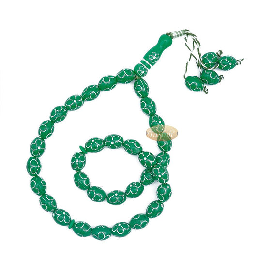 Large Green Tasbih 11×14 mm Plastic Resin Electroplated Silver-Tone Flower Design 33-Ct Prayer Dhikr Beads