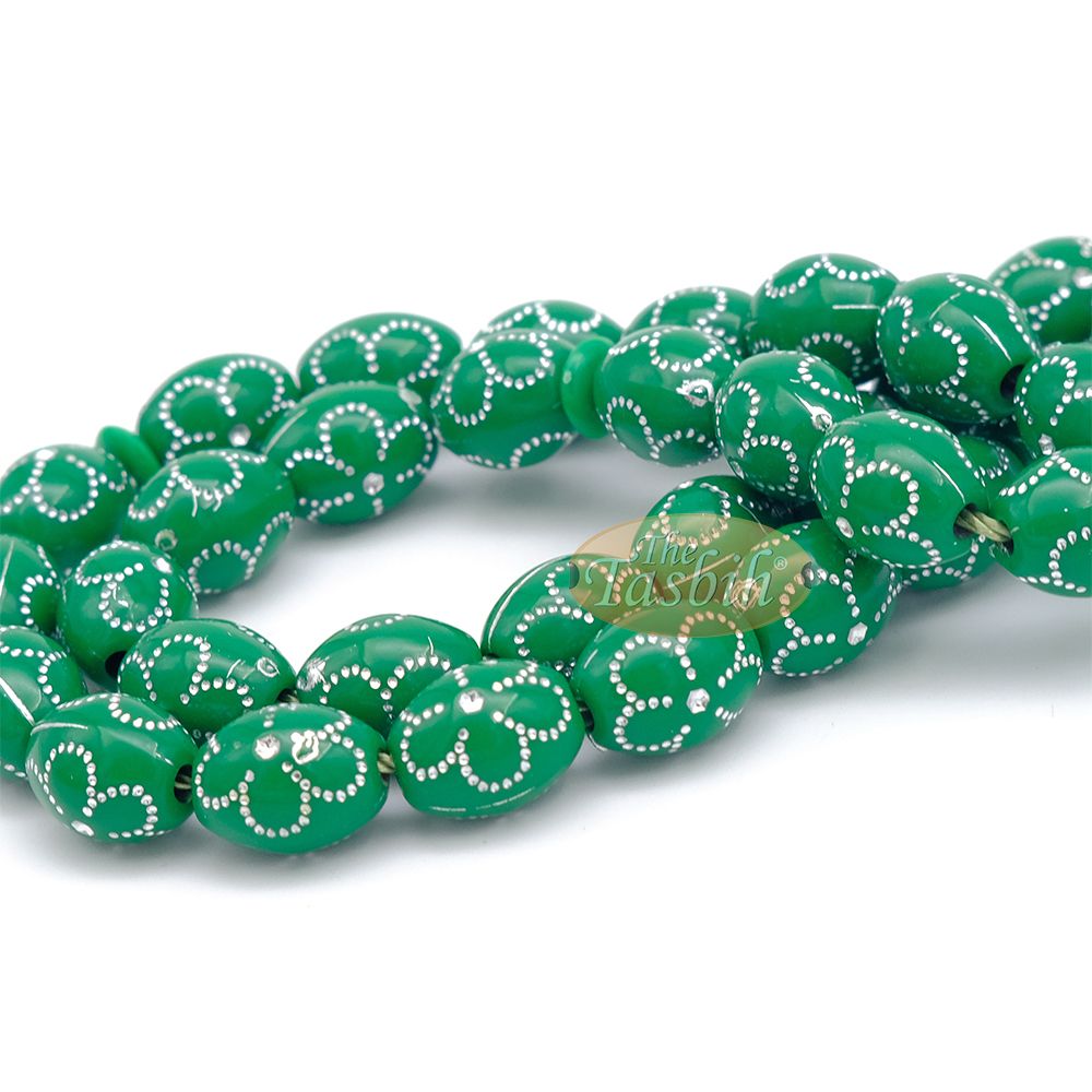 Large Green Tasbih 11×14 mm Plastic Resin Electroplated Silver-Tone Flower Design 33-Ct Prayer Dhikr Beads