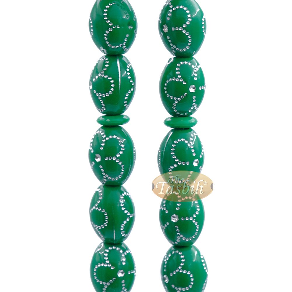 Large Green Tasbih 11×14 mm Plastic Resin Electroplated Silver-Tone Flower Design 33-Ct Prayer Dhikr Beads