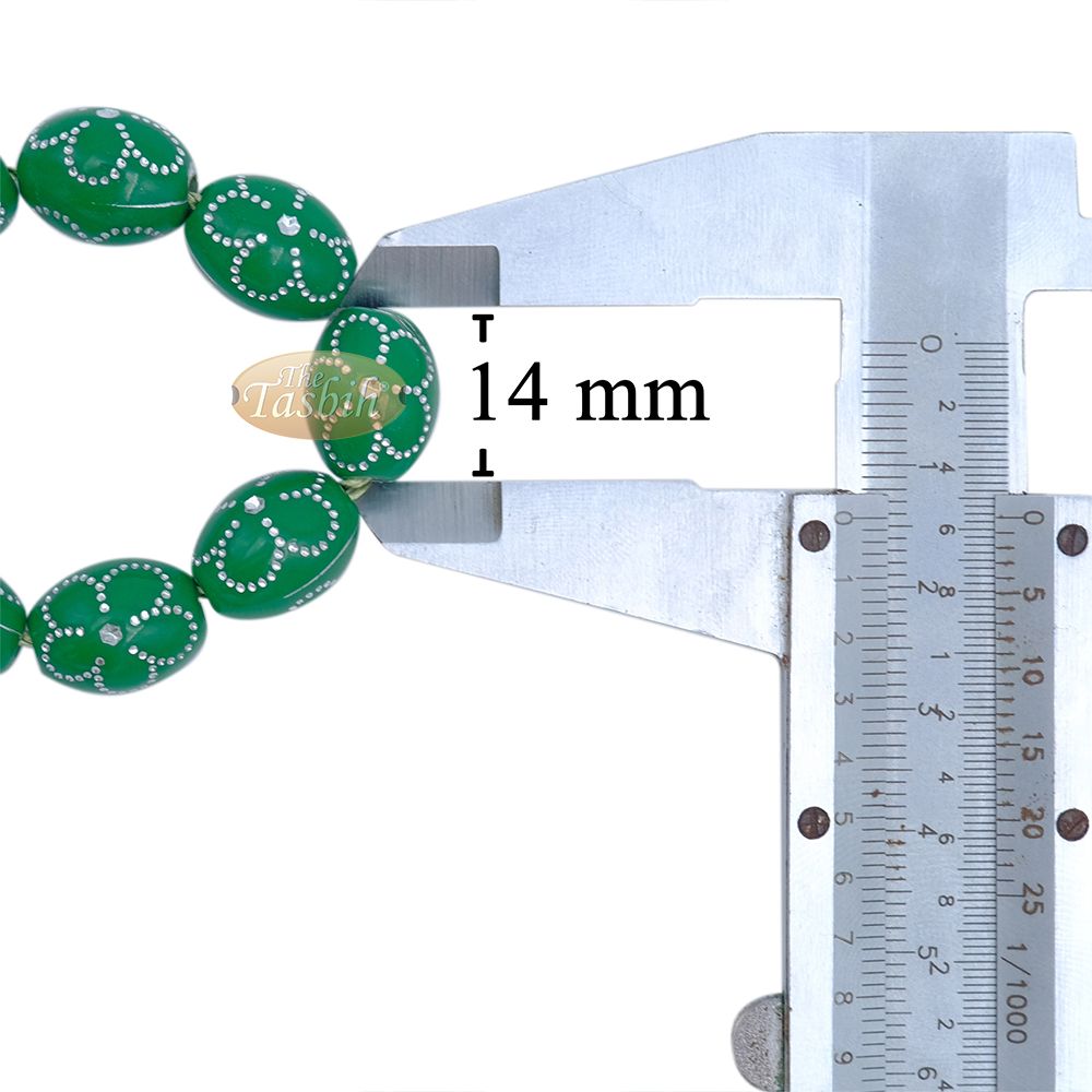 Large Green Tasbih 11×14 mm Plastic Resin Electroplated Silver-Tone Flower Design 33-Ct Prayer Dhikr Beads
