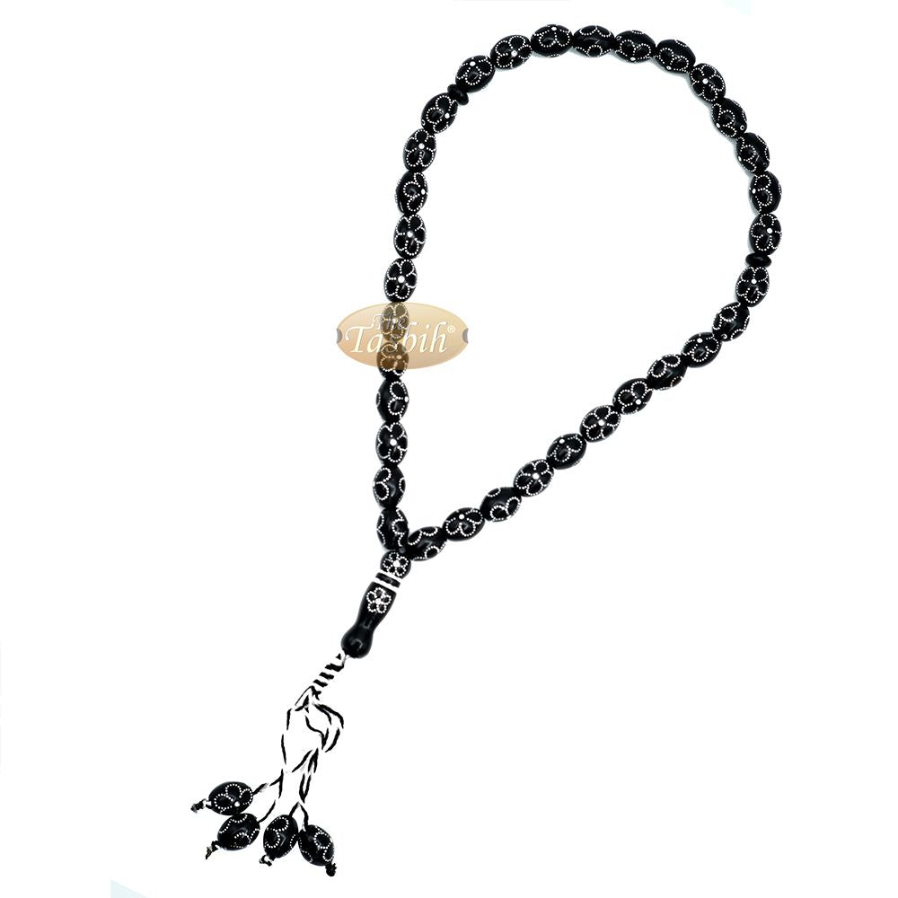 Large Black Tasbih 11×14 mm Plastic Resin Electroplated Silver-Tone Flower Design 33-Ct Prayer Dhikr Beads