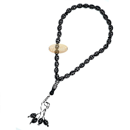 Large Black Tasbih 11×14 mm Plastic Resin Electroplated Silver-Tone Flower Design 33-Ct Prayer Dhikr Beads