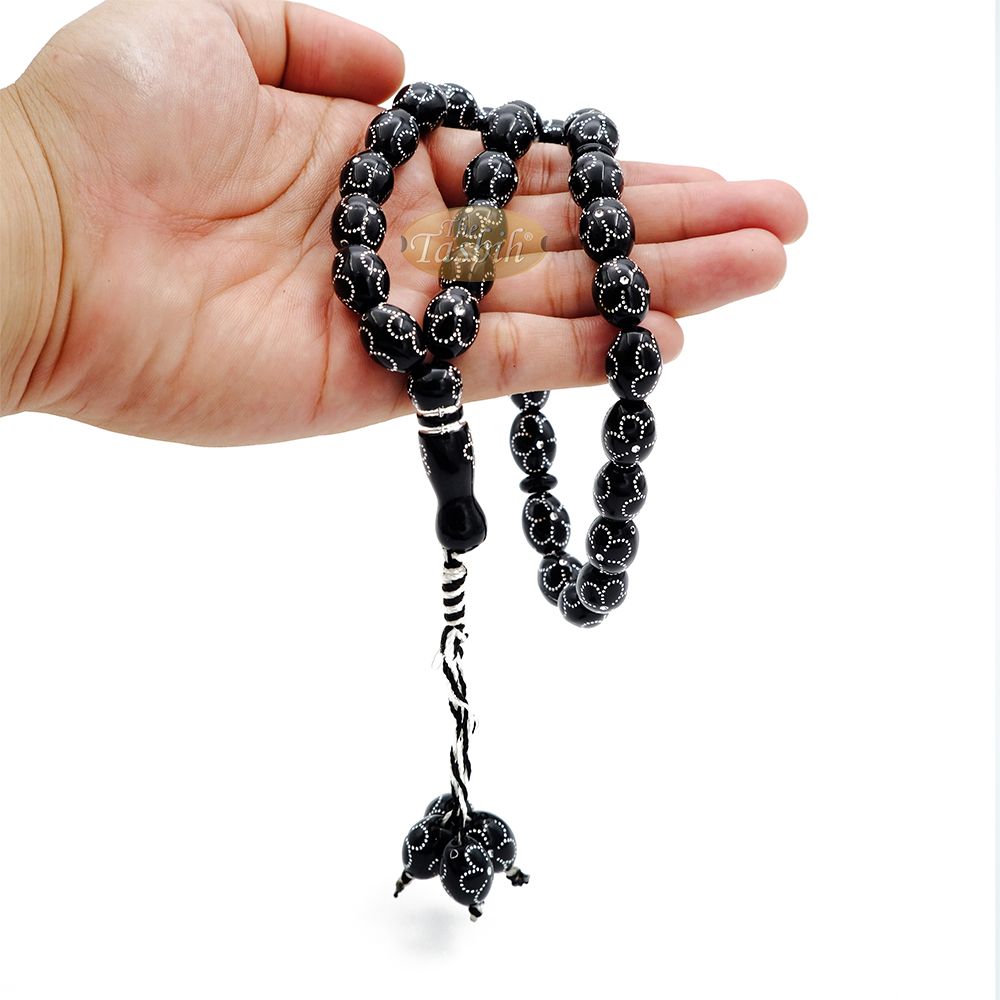 Large Black Tasbih 11×14 mm Plastic Resin Electroplated Silver-Tone Flower Design 33-Ct Prayer Dhikr Beads