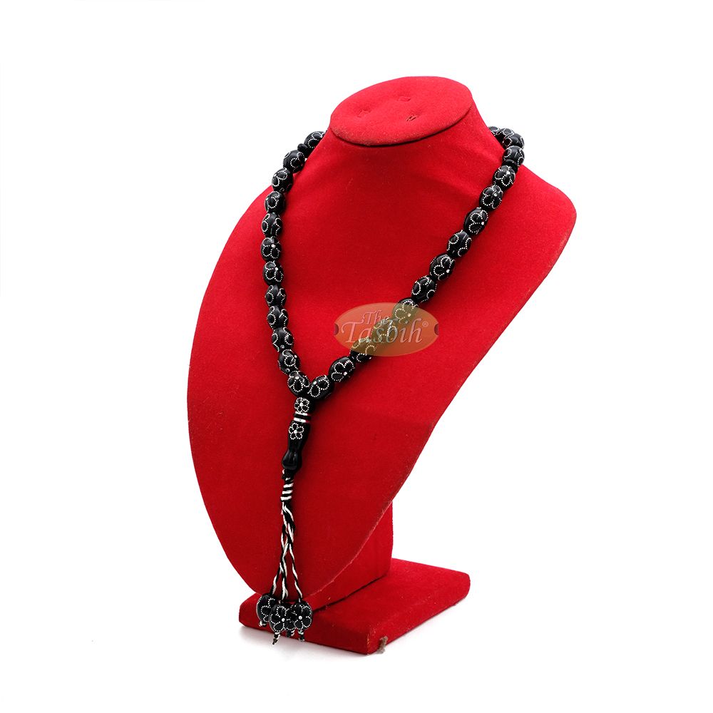 Large Black Tasbih 11×14 mm Plastic Resin Electroplated Silver-Tone Flower Design 33-Ct Prayer Dhikr Beads