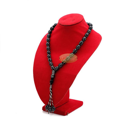 Large Black Tasbih 11×14 mm Plastic Resin Electroplated Silver-Tone Flower Design 33-Ct Prayer Dhikr Beads