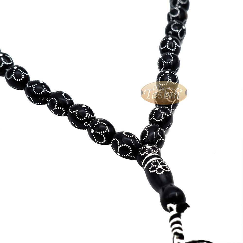 Large Black Tasbih 11×14 mm Plastic Resin Electroplated Silver-Tone Flower Design 33-Ct Prayer Dhikr Beads
