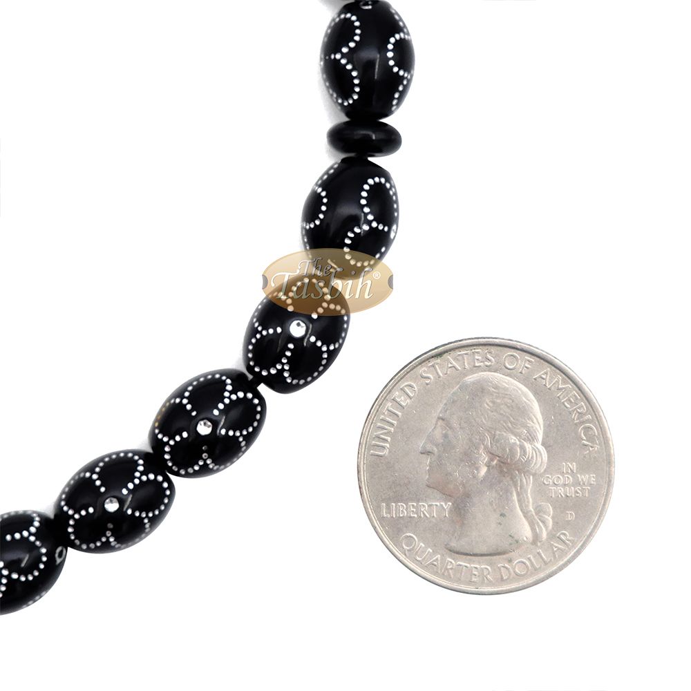 Large Black Tasbih 11×14 mm Plastic Resin Electroplated Silver-Tone Flower Design 33-Ct Prayer Dhikr Beads