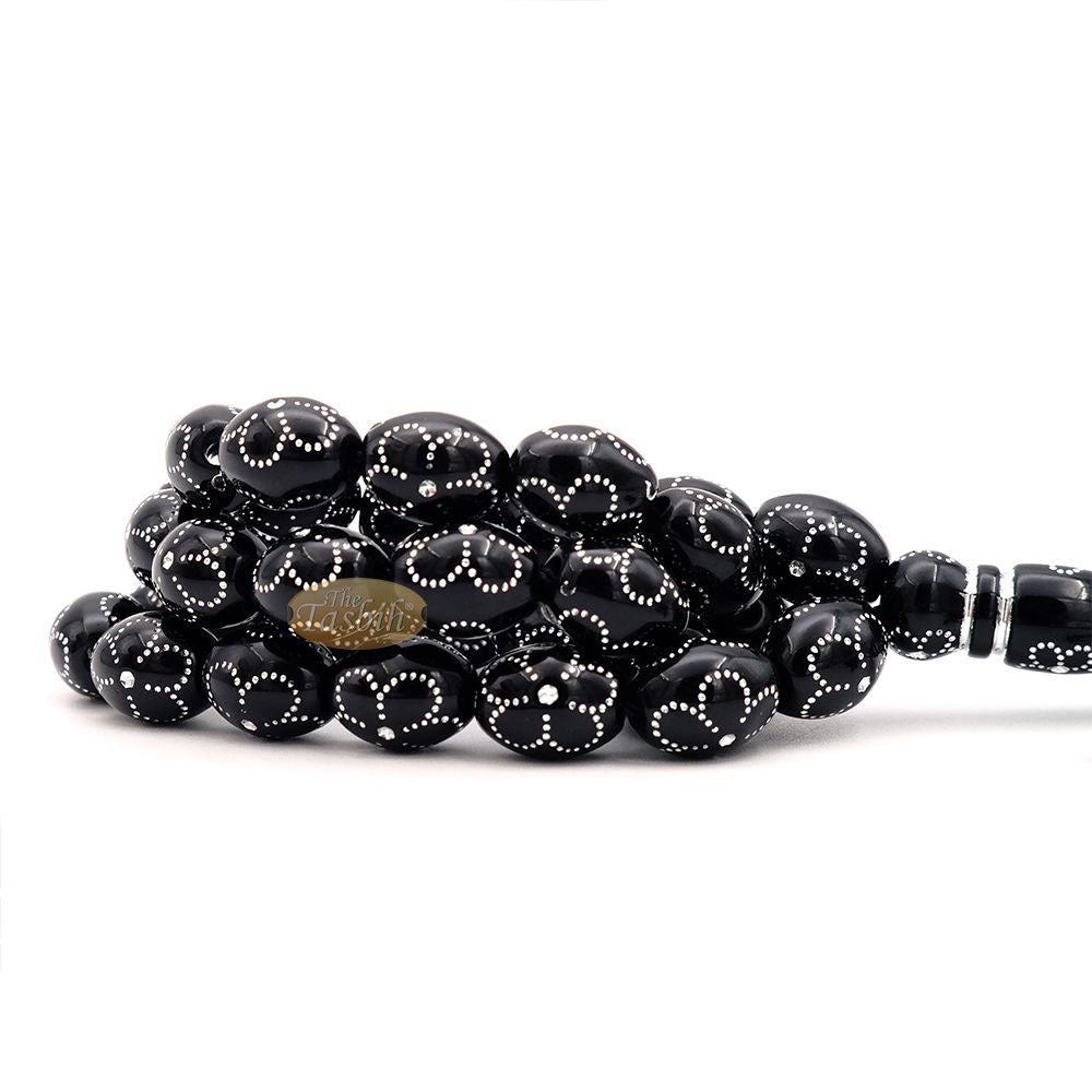 Large Black Tasbih 11×14 mm Plastic Resin Electroplated Silver-Tone Flower Design 33-Ct Prayer Dhikr Beads