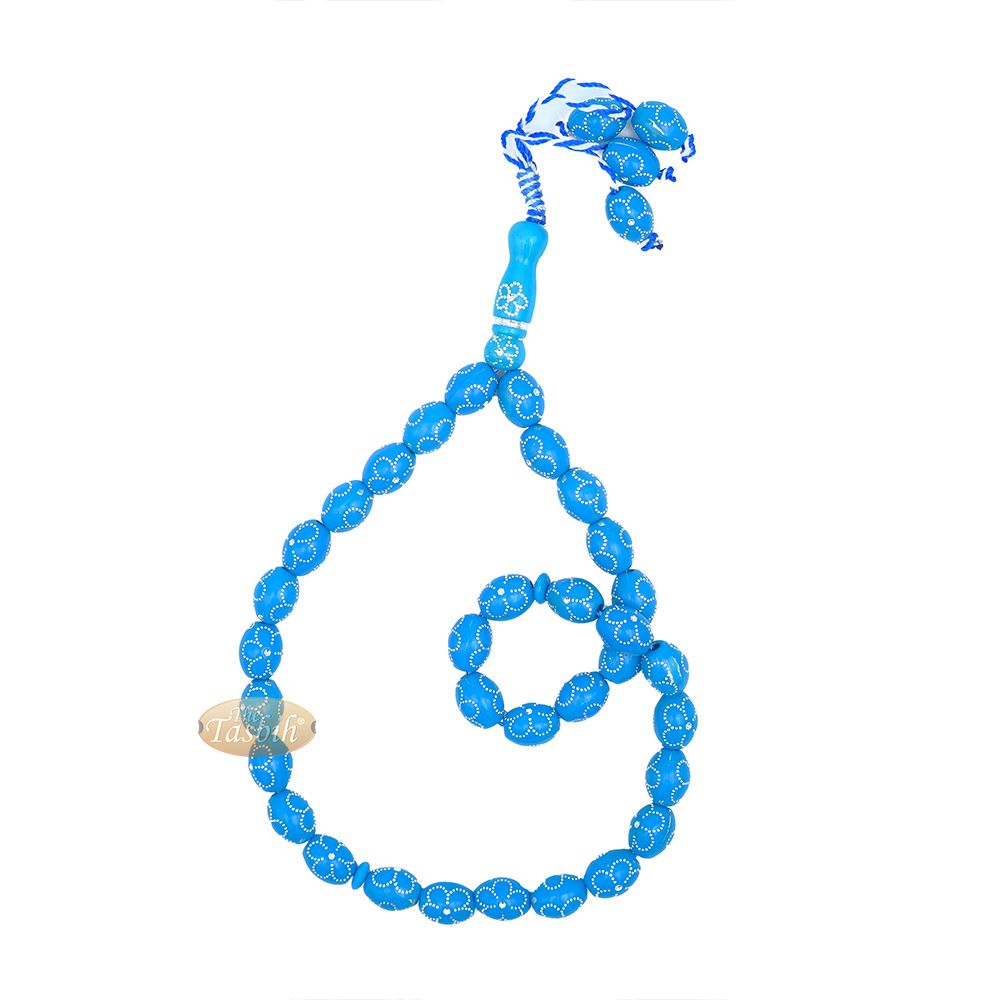 Large Turquoise Tasbih 11×14 mm Plastic Resin Electroplated Silver-Tone Flower Design 33-Ct Prayer Dhikr Beads