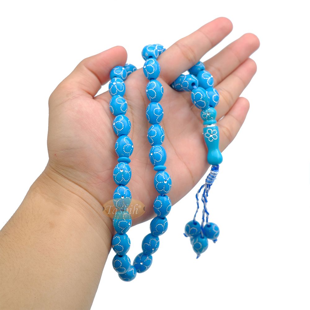 Large Turquoise Tasbih 11×14 mm Plastic Resin Electroplated Silver-Tone Flower Design 33-Ct Prayer Dhikr Beads