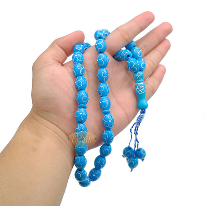 Large Turquoise Tasbih 11×14 mm Plastic Resin Electroplated Silver-Tone Flower Design 33-Ct Prayer Dhikr Beads