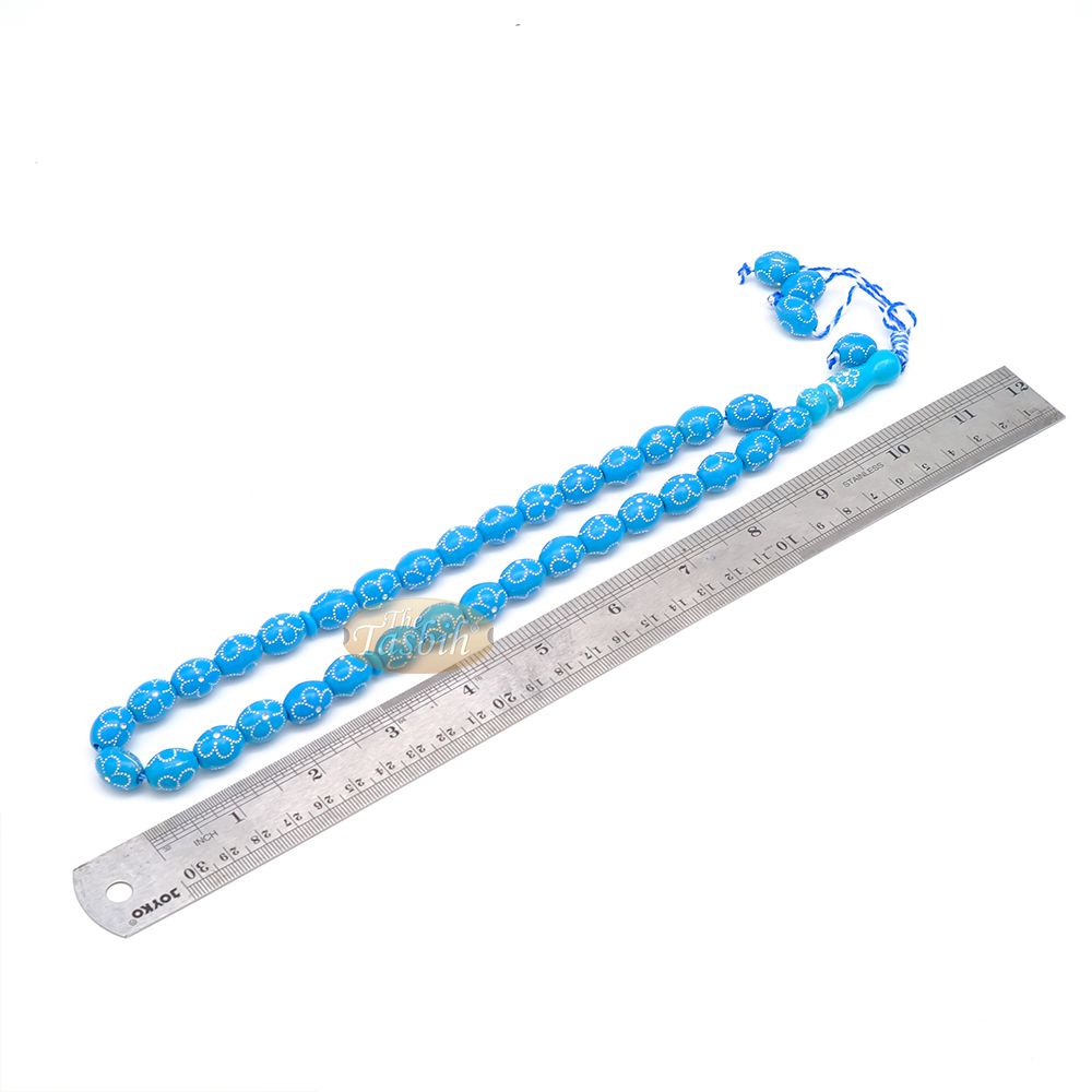 Large Turquoise Tasbih 11×14 mm Plastic Resin Electroplated Silver-Tone Flower Design 33-Ct Prayer Dhikr Beads