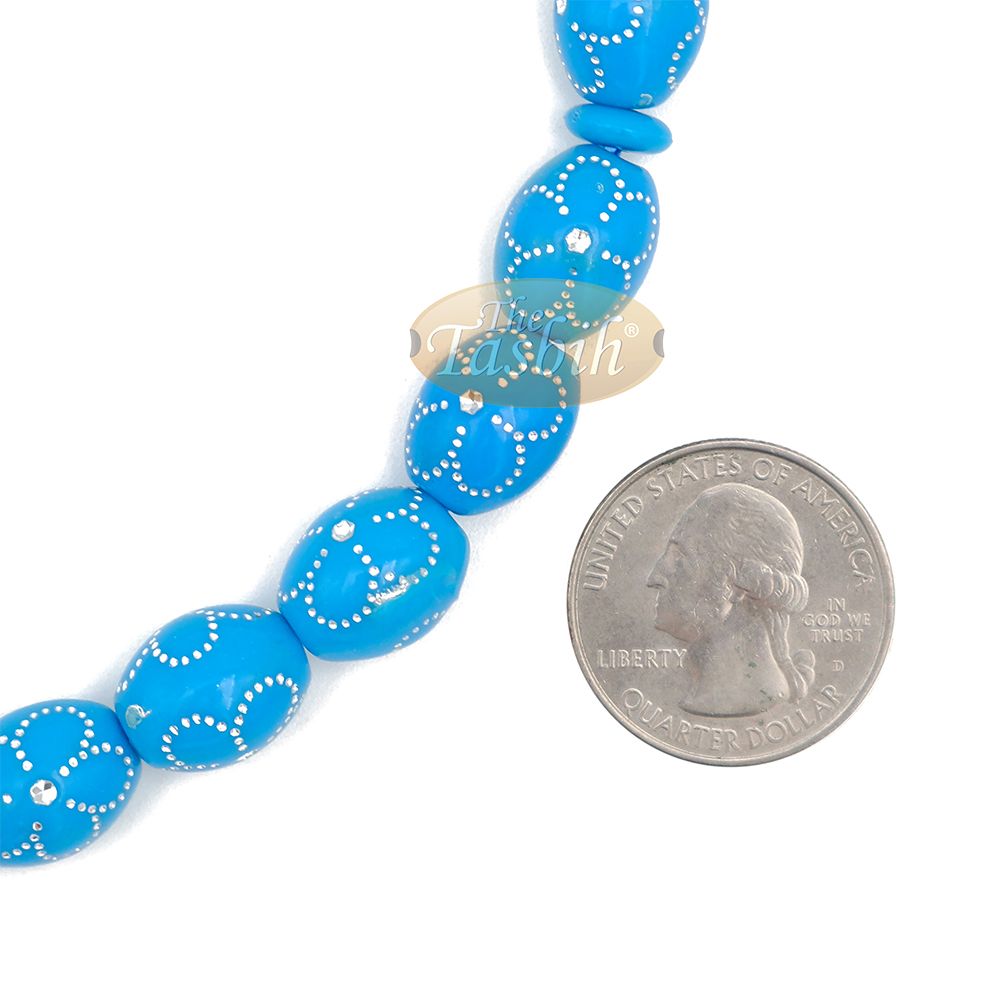 Large Turquoise Tasbih 11×14 mm Plastic Resin Electroplated Silver-Tone Flower Design 33-Ct Prayer Dhikr Beads