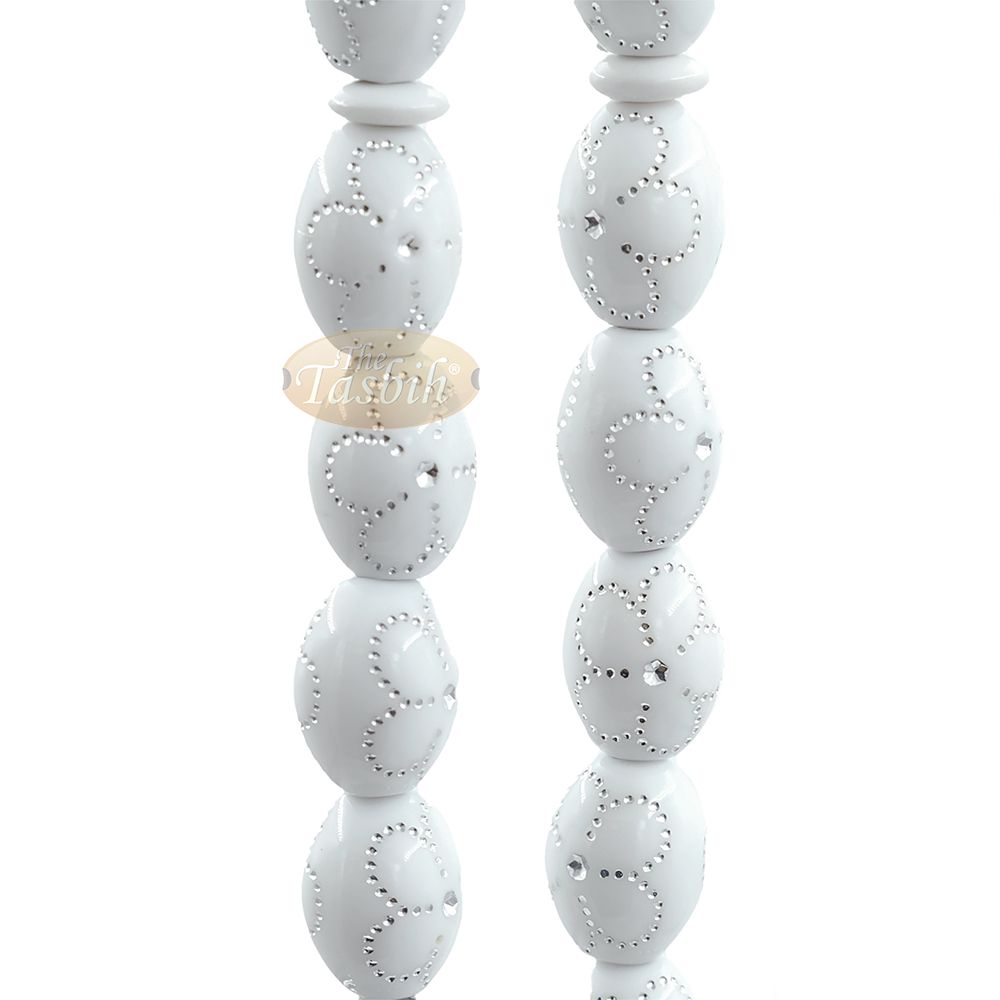 Large White Tasbih 11×14 mm Plastic Resin Electroplated Silver-Tone Flower Design 33-Ct Prayer Dhikr Beads