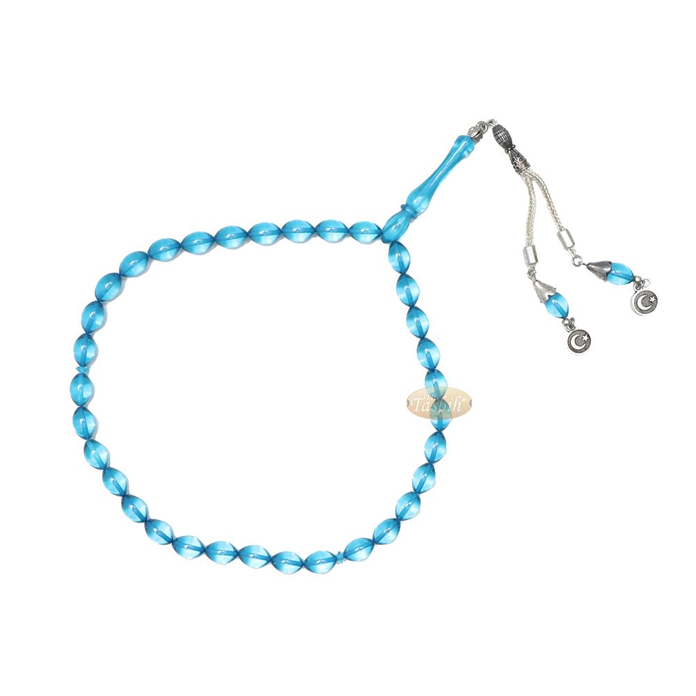 Islamic Symbol Tasbih Blue 33-Ct Acrylic 7×11 mm Oval Turkish Dhikr Prayer Beads