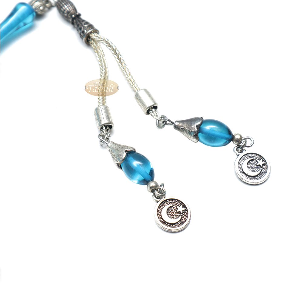 Islamic Symbol Tasbih Blue 33-Ct Acrylic 7×11 mm Oval Turkish Dhikr Prayer Beads