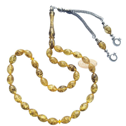 Small Acrylic Oval 33-Bead Tasbih Gold-Tone Leaf Flakes Accented with 2 Silver Knot Charms On Foxtail Chains