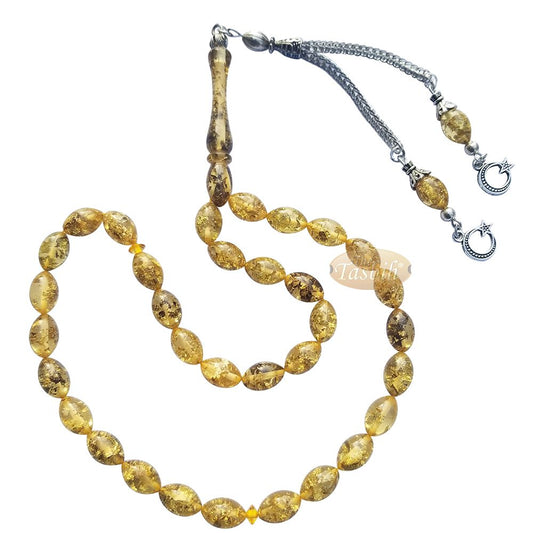 Small Acrylic Oval 33-Bead Tasbih Gold-Tone Leaf Flakes Accented with 2 Silver Knot Charms On Foxtail Chains