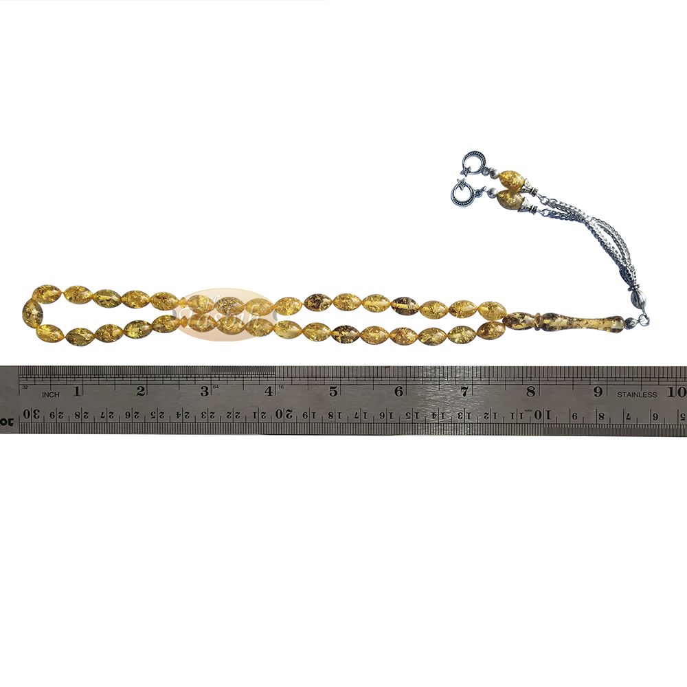 Small Acrylic Oval 33-Bead Tasbih Gold-Tone Leaf Flakes Accented with 2 Silver Knot Charms On Foxtail Chains