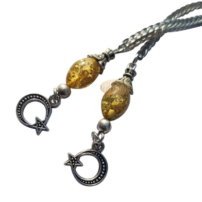 Small Acrylic Oval 33-Bead Tasbih Gold-Tone Leaf Flakes Accented with 2 Silver Knot Charms On Foxtail Chains