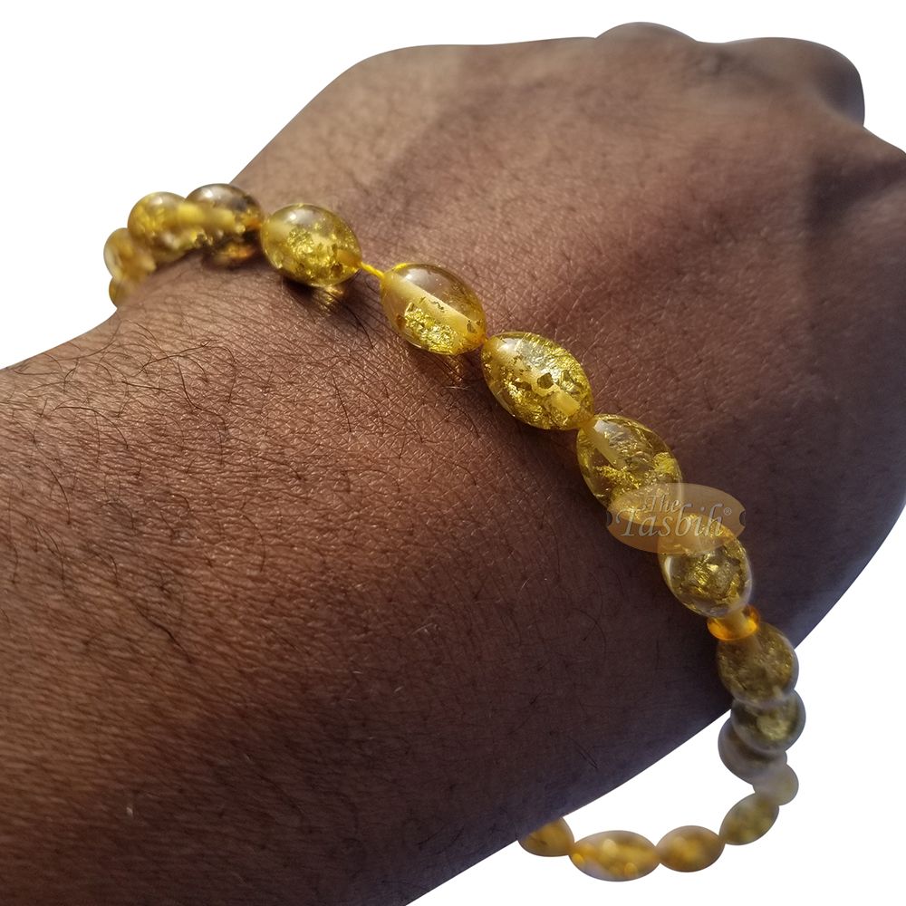 Small Acrylic Oval 33-Bead Tasbih Gold-Tone Leaf Flakes Accented with 2 Silver Knot Charms On Foxtail Chains