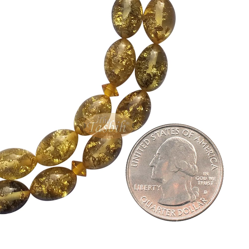 Small Acrylic Oval 33-Bead Tasbih Gold-Tone Leaf Flakes Accented with 2 Silver Knot Charms On Foxtail Chains