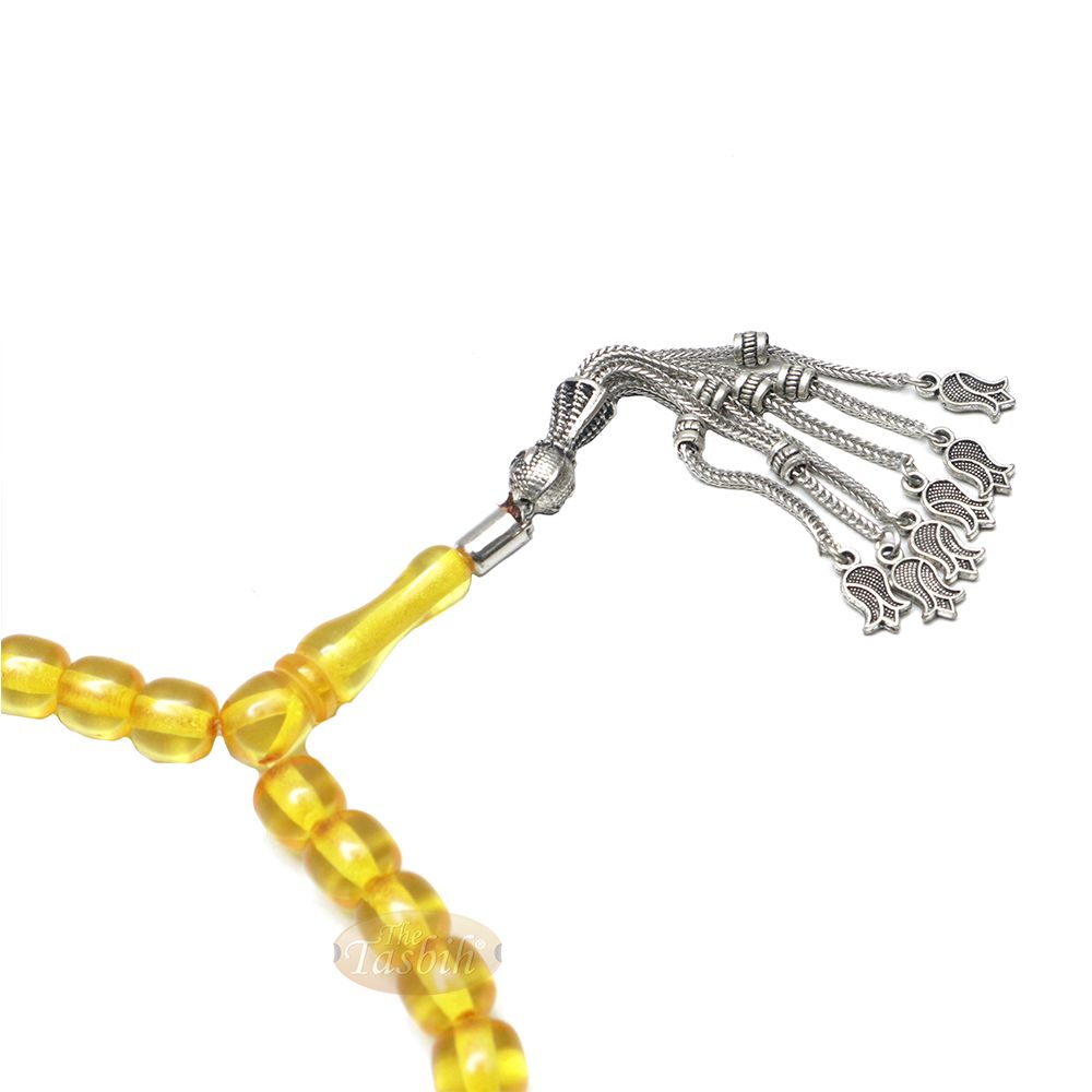 Muslim Dhikr Beads Small 33Ct Tasbih 9×8 mm Amber-Color Barrel with Tulip Charms