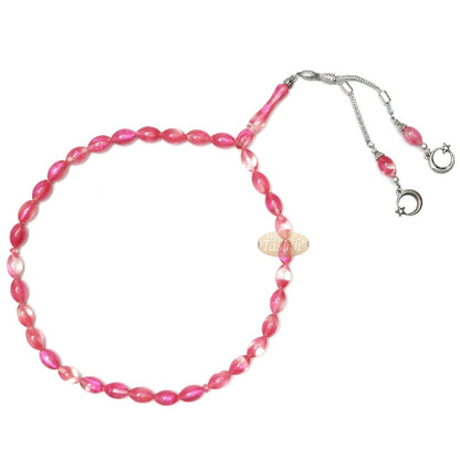 Islamic Tasbih Translucent Marble Pink Oval 33-Bead 12×8 mm Acrylic Turkish-Style Muslim Sibha Tasbih with Crescent Moon Star Kizilay Charms