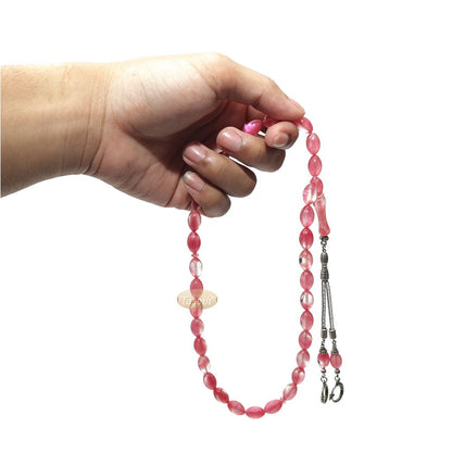 Islamic Tasbih Translucent Marble Pink Oval 33-Bead 12×8 mm Acrylic Turkish-Style Muslim Sibha Tasbih with Crescent Moon Star Kizilay Charms