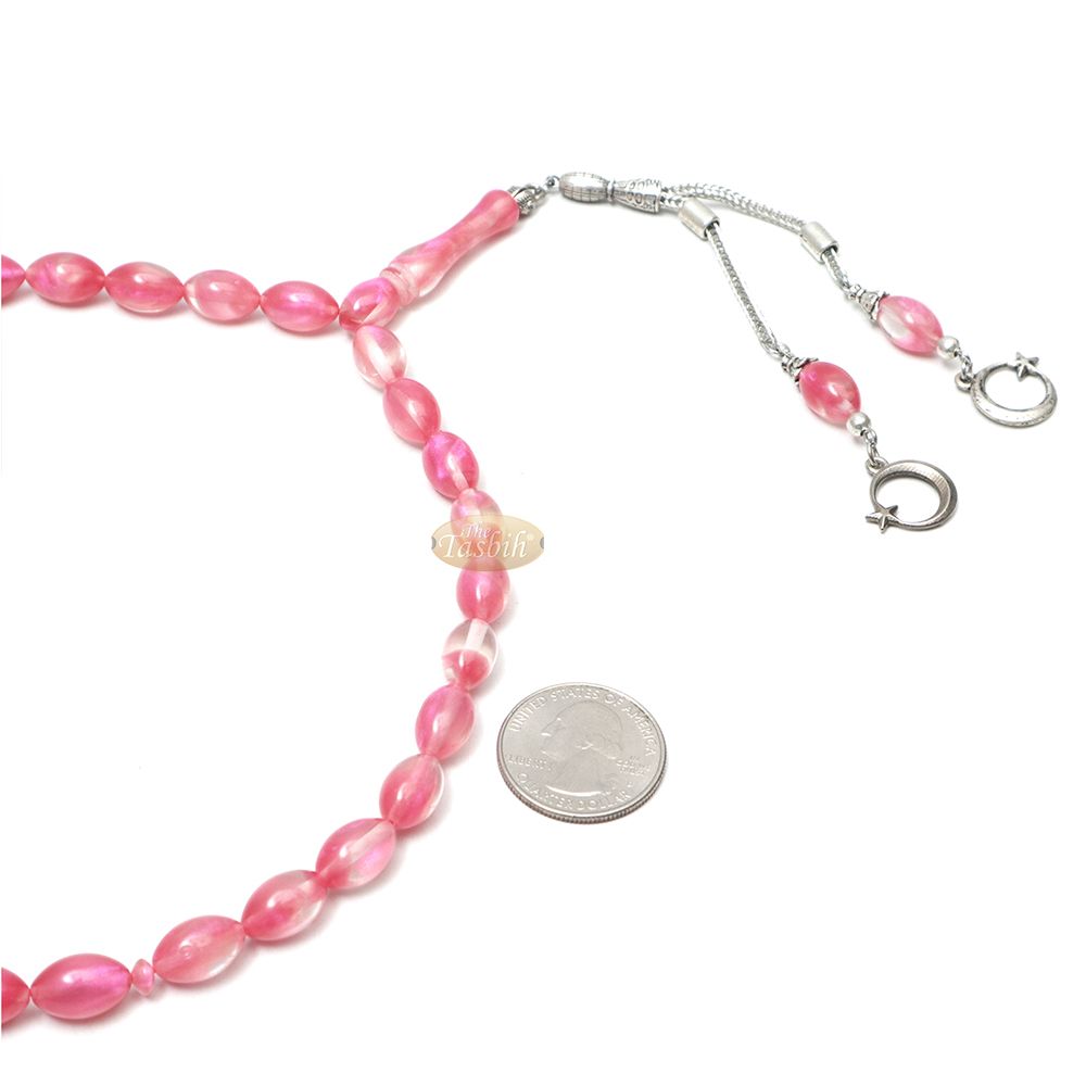 Islamic Tasbih Translucent Marble Pink Oval 33-Bead 12×8 mm Acrylic Turkish-Style Muslim Sibha Tasbih with Crescent Moon Star Kizilay Charms