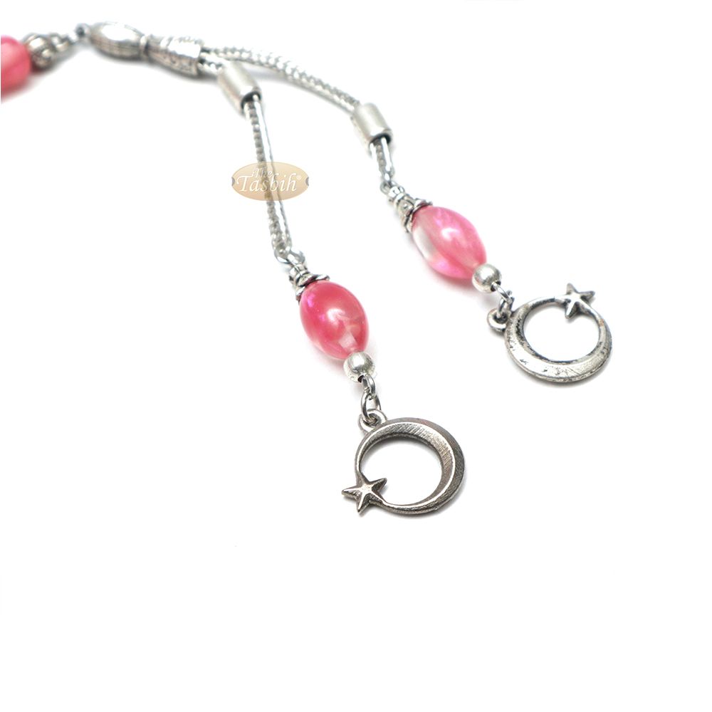 Islamic Tasbih Translucent Marble Pink Oval 33-Bead 12×8 mm Acrylic Turkish-Style Muslim Sibha Tasbih with Crescent Moon Star Kizilay Charms