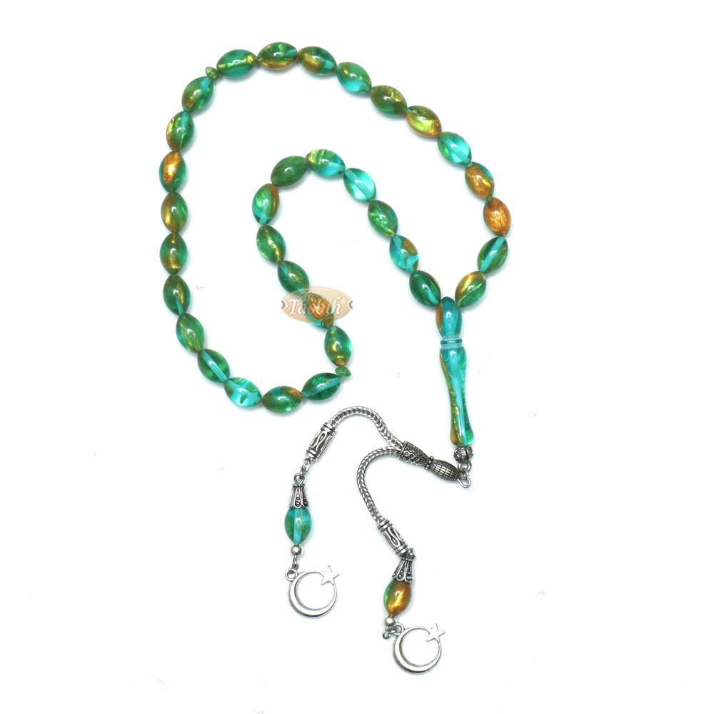 Islamic Prayer Beads Small 33-Ct Tasbih 7×11 mm Oval Acrylic Translucent Marbled Turquoise Blue Green Gold From Konya Silver Kizilay Charms