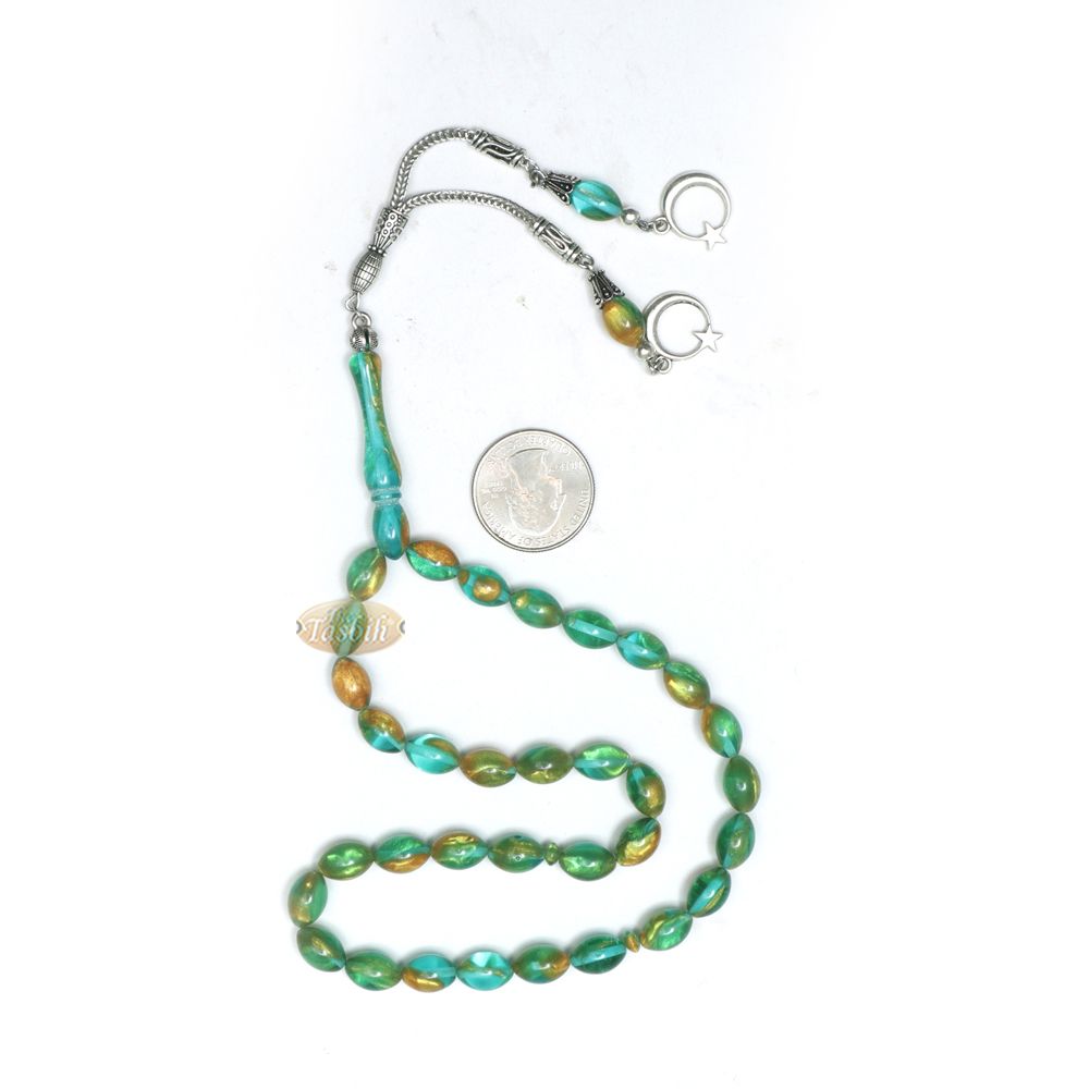 Islamic Prayer Beads Small 33-Ct Tasbih 7×11 mm Oval Acrylic Translucent Marbled Turquoise Blue Green Gold From Konya Silver Kizilay Charms