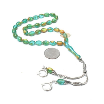 Islamic Prayer Beads Small 33-Ct Tasbih 7×11 mm Oval Acrylic Translucent Marbled Turquoise Blue Green Gold From Konya Silver Kizilay Charms