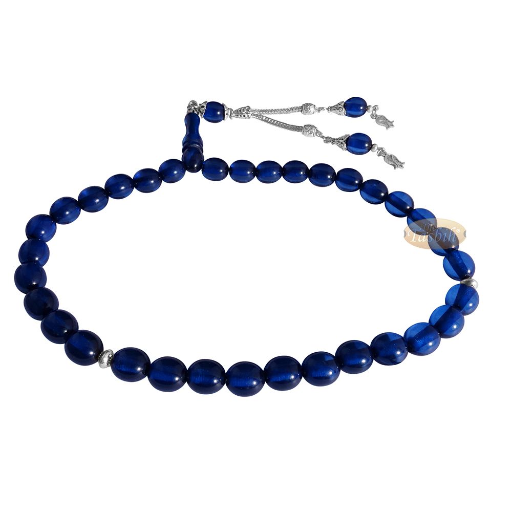 Islamic Tulip Tasbih, Small Translucent Dark Blue 33-Bead 10×9 mm Acrylic Oval Turkish Sibha Tasbih Prayer Beads Tulip Charm Tassels Eid Gift