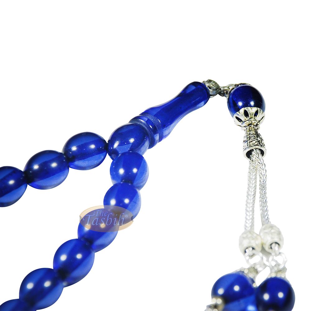 Islamic Tulip Tasbih, Small Translucent Dark Blue 33-Bead 10×9 mm Acrylic Oval Turkish Sibha Tasbih Prayer Beads Tulip Charm Tassels Eid Gift
