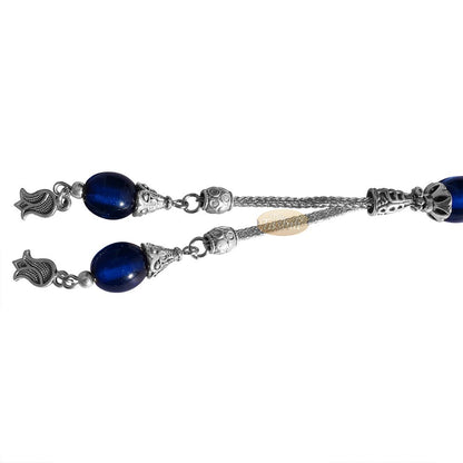 Islamic Tulip Tasbih, Small Translucent Dark Blue 33-Bead 10×9 mm Acrylic Oval Turkish Sibha Tasbih Prayer Beads Tulip Charm Tassels Eid Gift