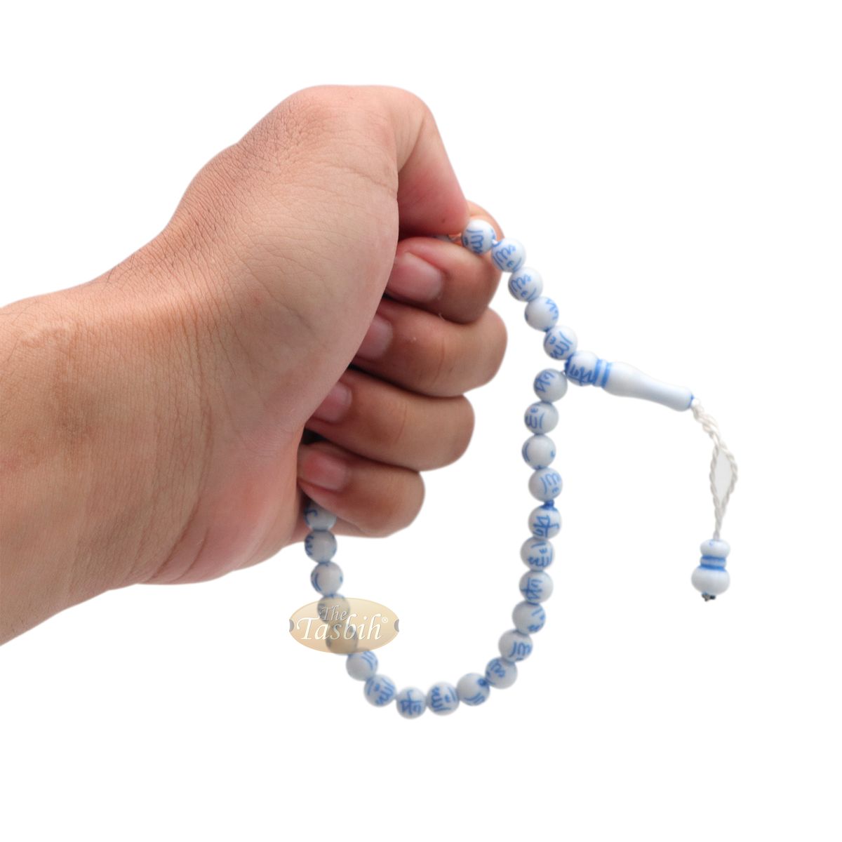 Muslim Prayer Beads 33-Beads Tasbih with Allah Muhammad engraved On 7 mm Beads White & Blue – Tasbeeh Sibha Misbaha Dhikr Beads For Salawat