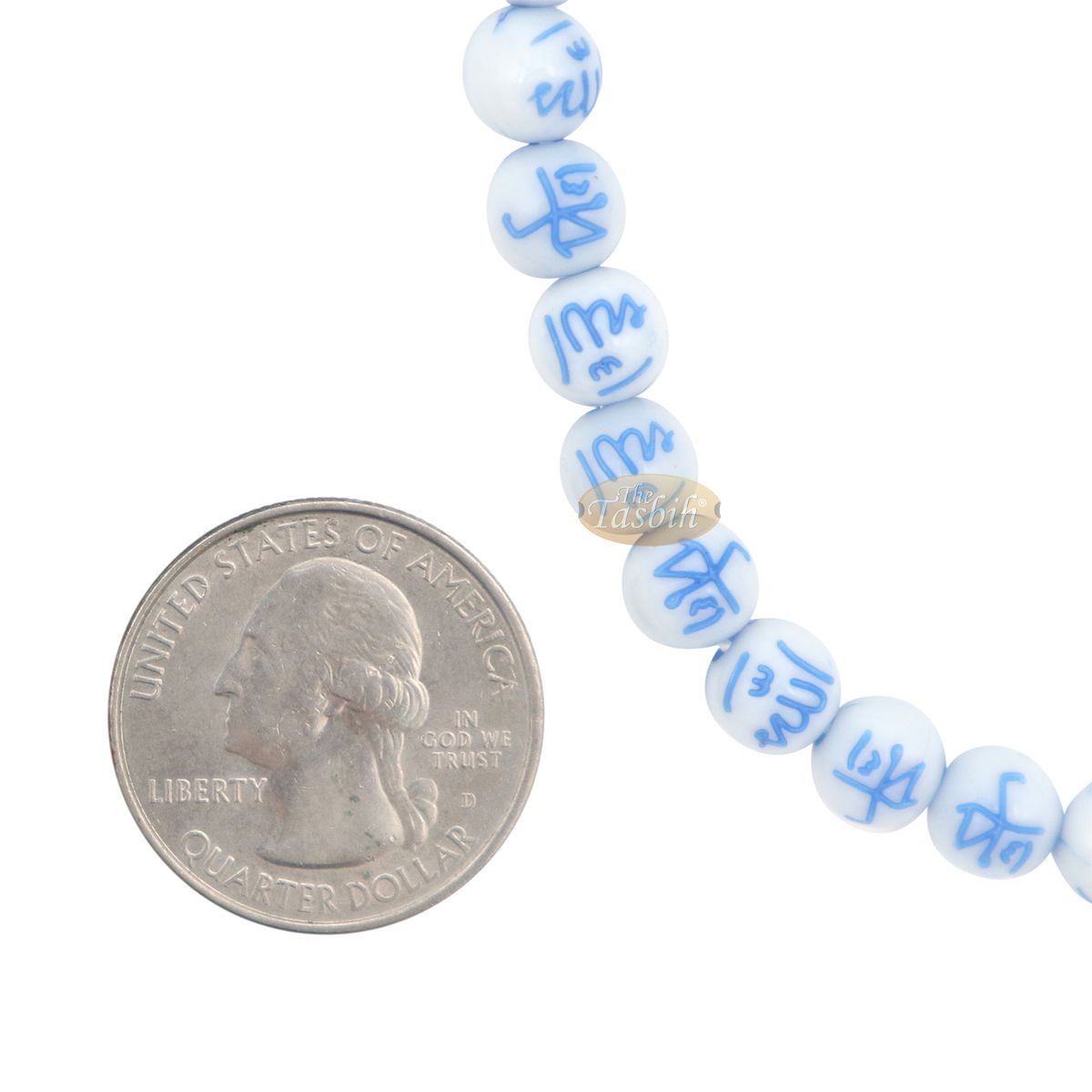 Muslim Prayer Beads 33-Beads Tasbih with Allah Muhammad engraved On 7 mm Beads White & Blue – Tasbeeh Sibha Misbaha Dhikr Beads For Salawat