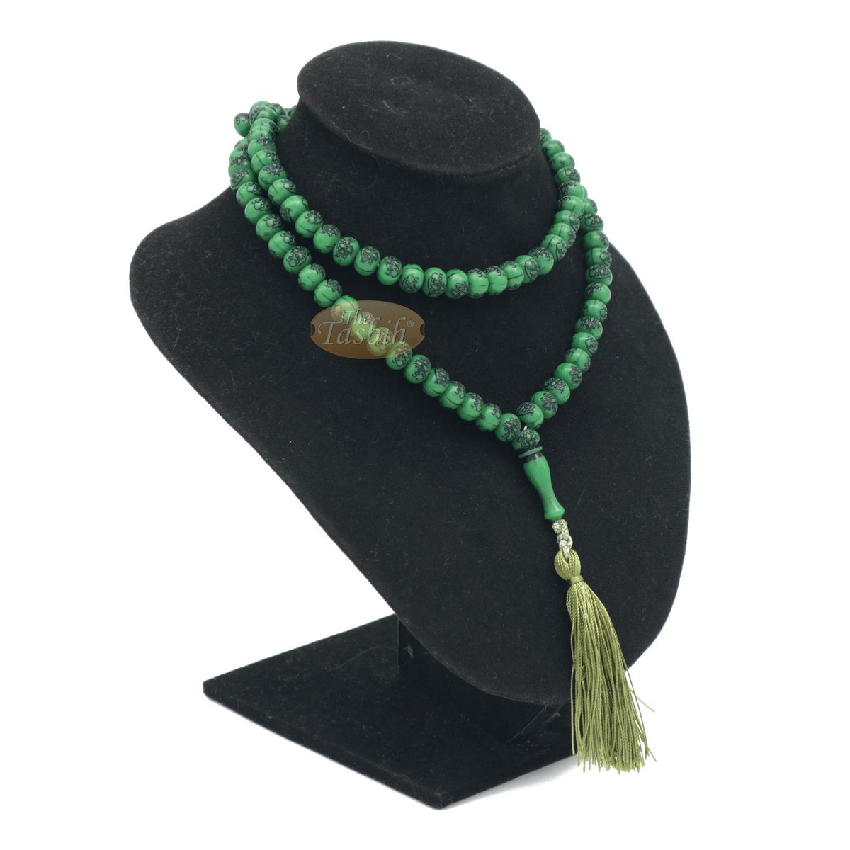 Basmallah Green Plastic Tasbih with 8 mm Beads – Sturdy Prayer Beads – Bismillahirrahmanirrahim On Each Bead