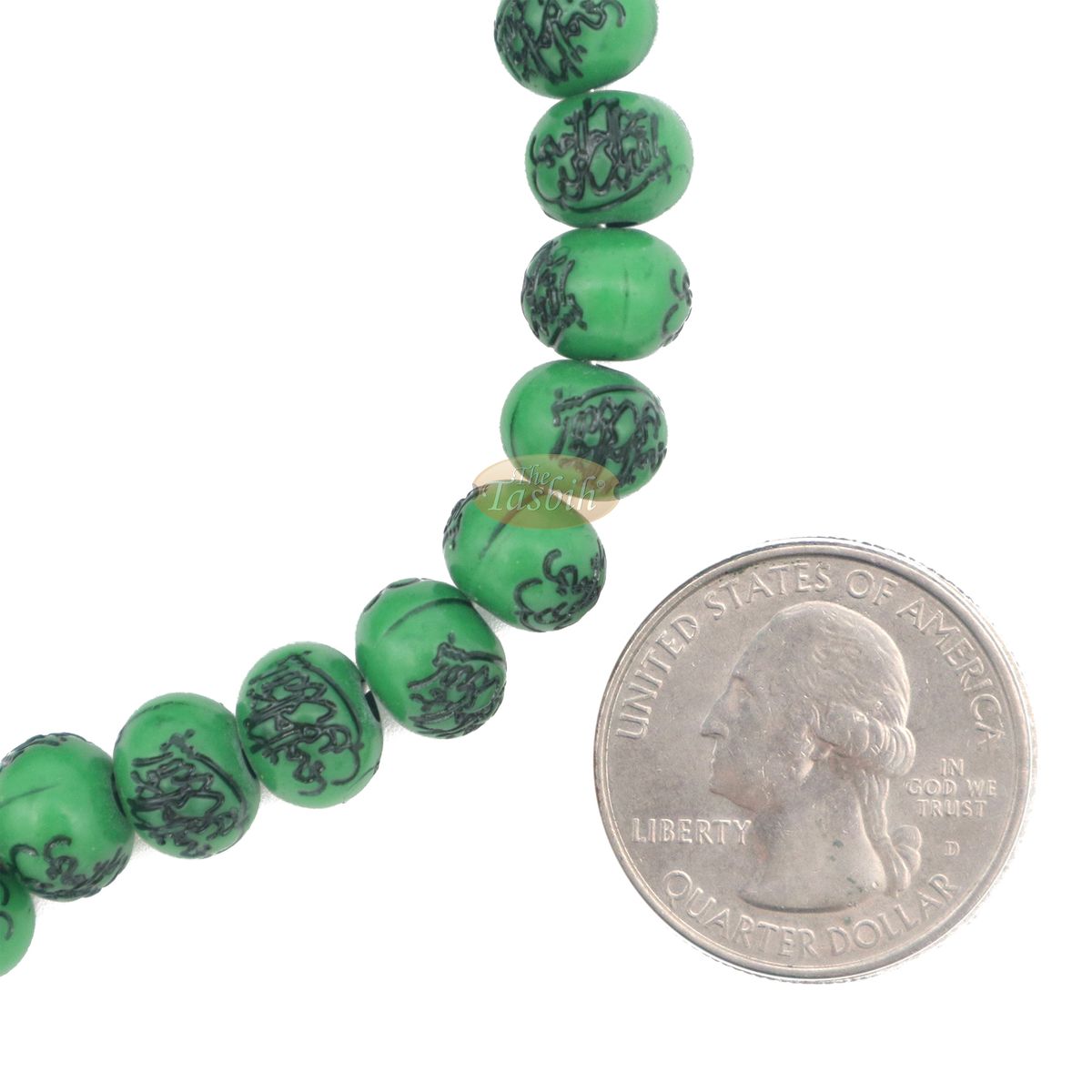 Basmallah Green Plastic Tasbih with 8 mm Beads – Sturdy Prayer Beads – Bismillahirrahmanirrahim On Each Bead