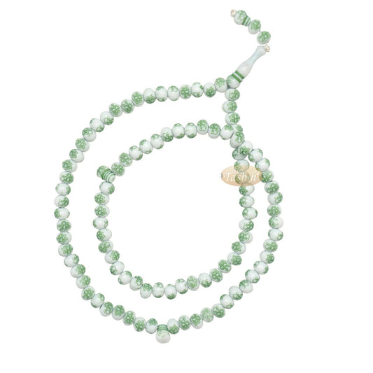 Muslim Prayer Beads White Green Arabic Basmalah Blessing 7×9 mm Oval 99-Bead Acrylic Tasbih Sibha For Dhikr Salah Salawat For Eid Gift Boxed